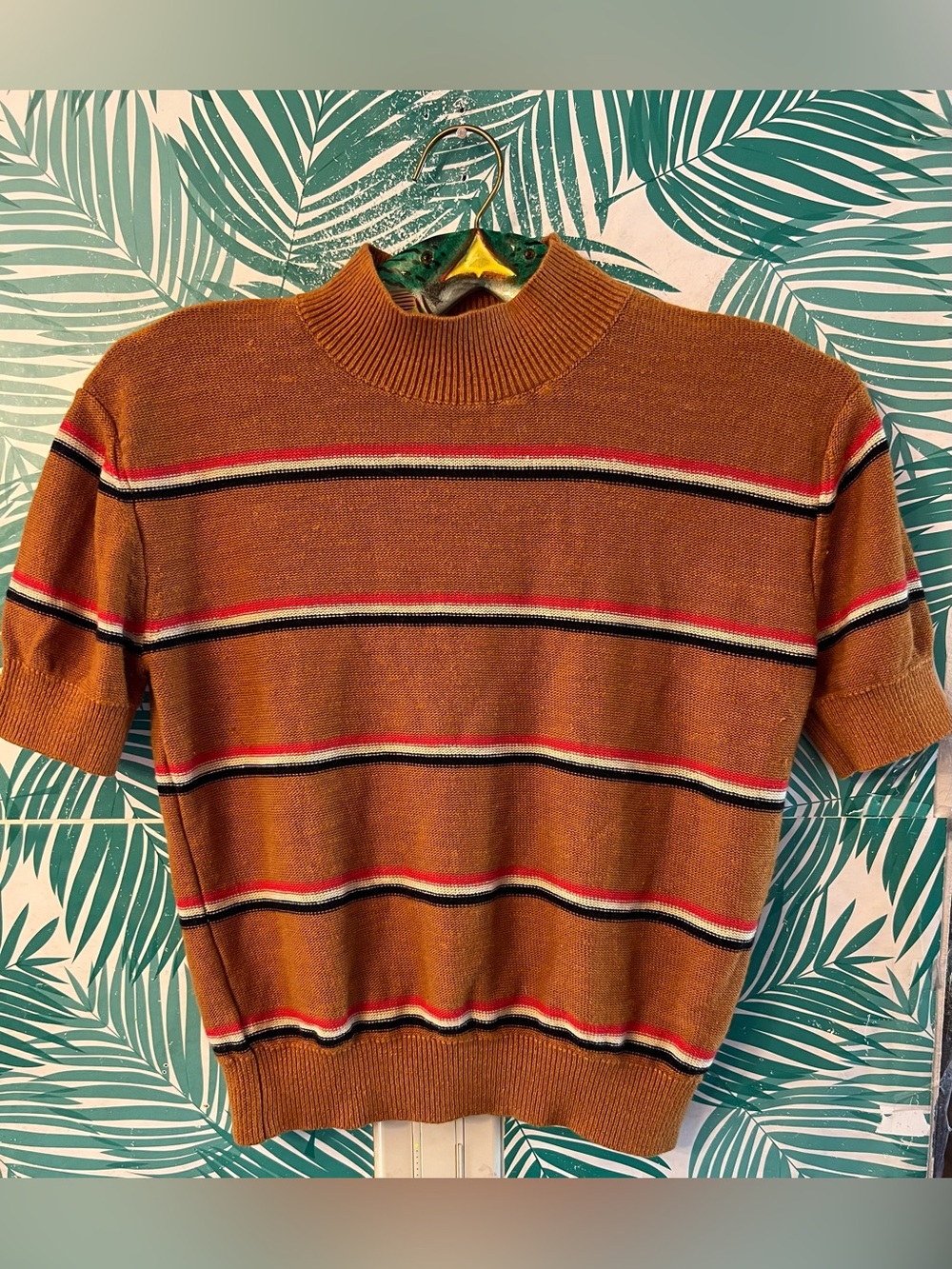 Free People Rust Short-Sleeve Crewneck Sweater with Stripe Accents Sz S